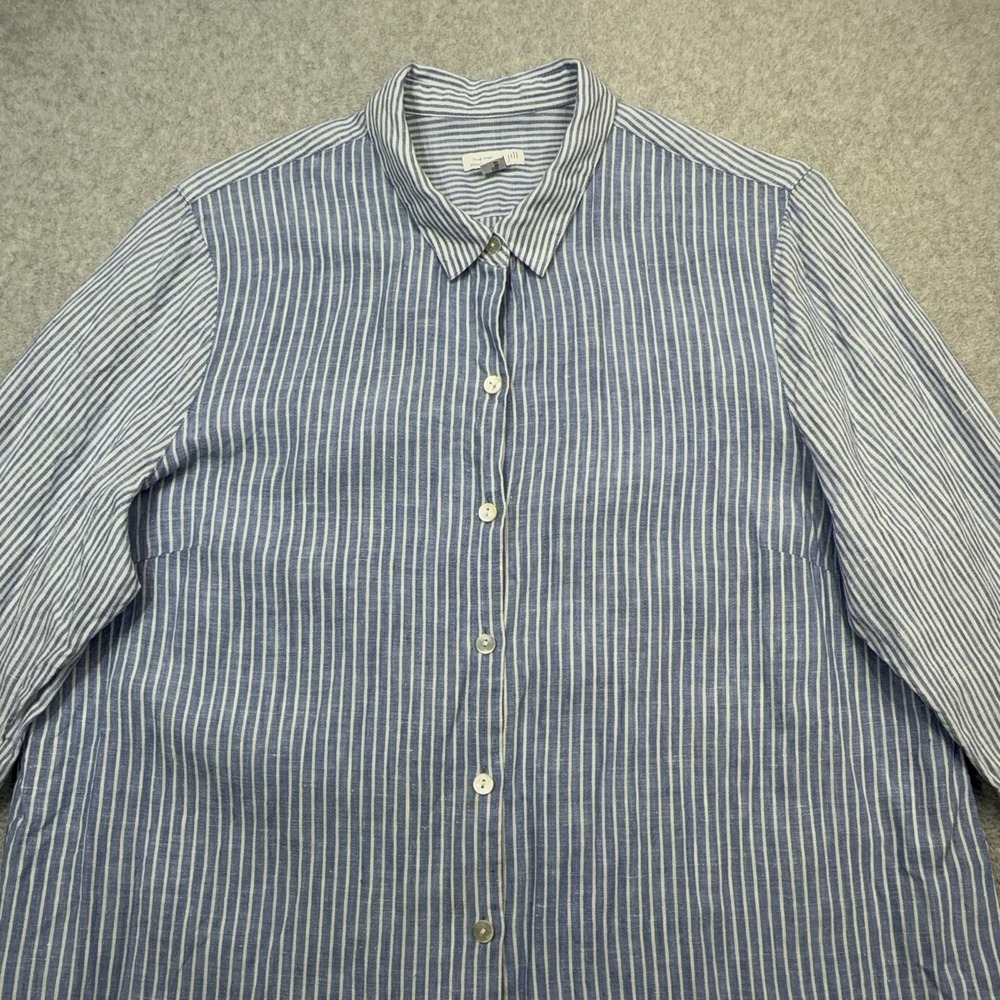 J Jill Love Linen Essential Shirt Womens Petite Large Blue Stripe Long Sleeve - Picture 3 of 16